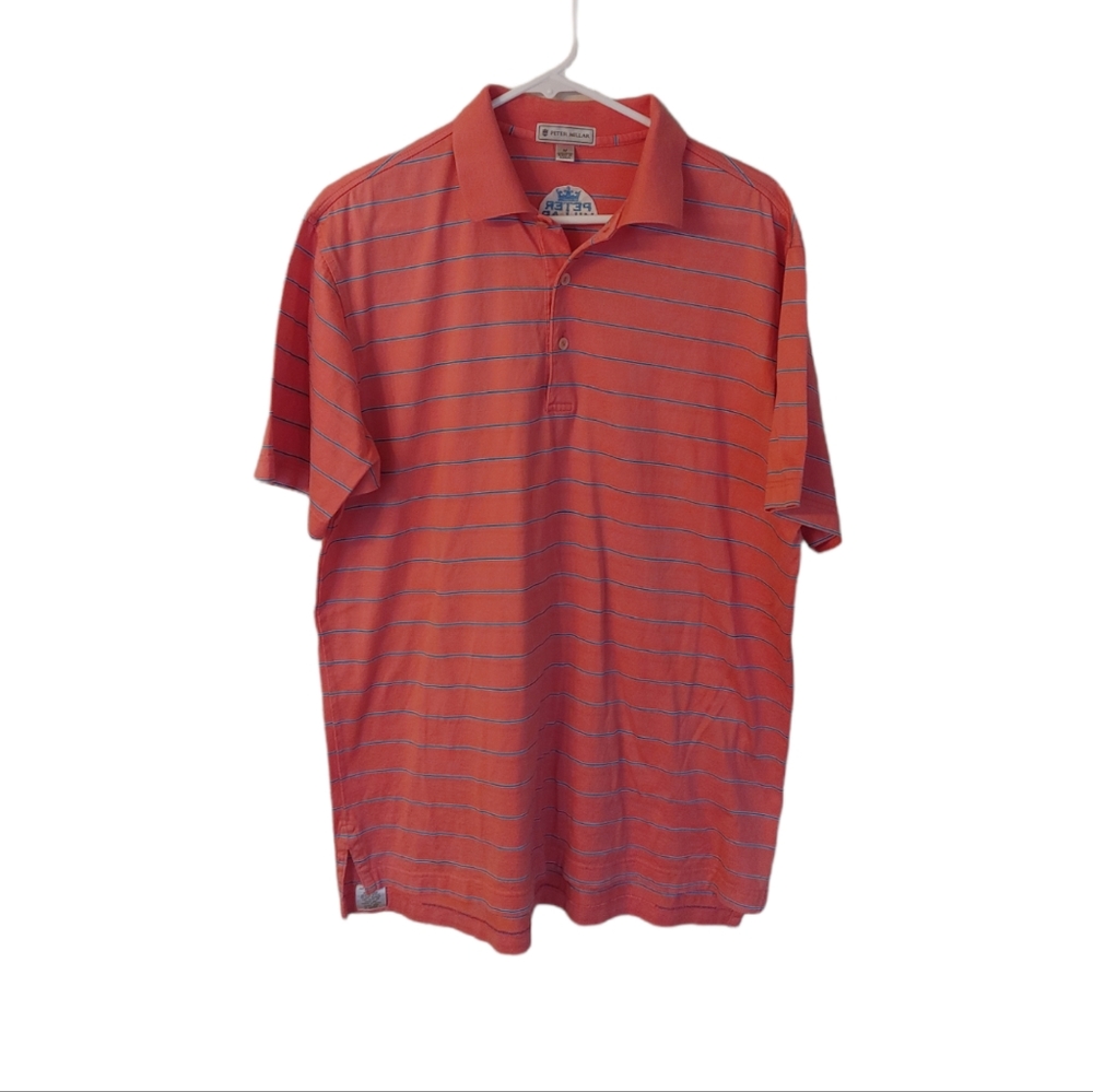 Peter Millar Golf Polo Shirt Men’s Size Medium Pink Blue Stripe Crown